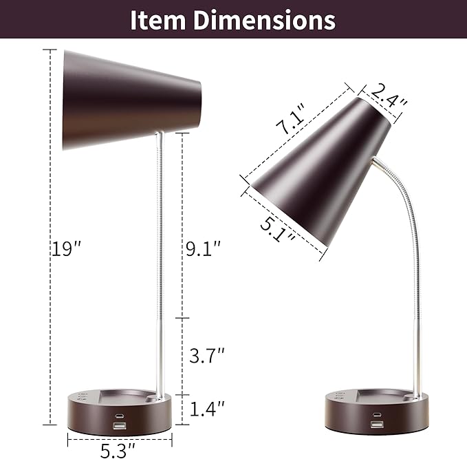 RUNTOP Metal Desk Lamp, Desk Lamps for Home Office College Dorm Room Eye-Caring Reading, Gooseneck Desk Lamp with USB Port, 5 Brightness Levels, 5 Color Temperature, Flexible Study Desk Light,Brown - LeafyLoom