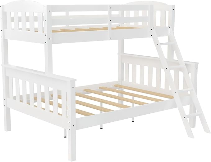 DHP Airlie Convertible Wood Bunk Bed, Stackable and Detachable Bed Frames for Kids and Teens, with Angled Ladder, High Guardrail, Wood Slats, No Boxspring Required, Twin-Over-Full, White - LeafyLoom