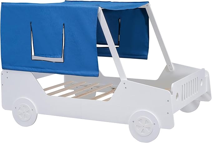 Twin Size Race Jeep Car Bed Platform Bed with Tent Canopy and Wheels,Wood Bed Frame W/Raised Bed Design,for Kids Boys Girls Teens,Natural - LeafyLoom