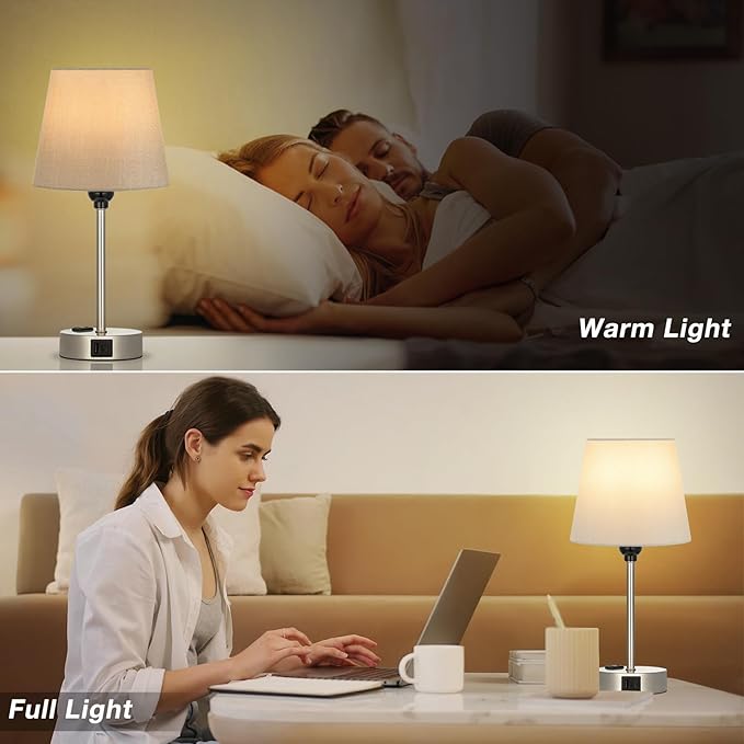 Table Lamps for Bedrooms Set of 2 Bedside - Nightstand Bedroom Lamp with USB C Port and AC Outlet Charging, Dimmable Touch Small End Side Lamp, Grey Night Stand Light for Kid/Guest Room/Living Room - LeafyLoom