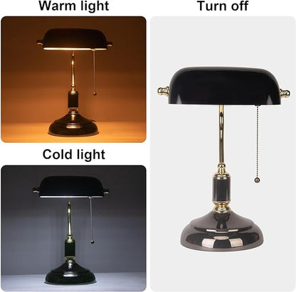 FIRVRE Bankers Desk Lamp with Pull Chain Switch Plug in Fixture, Black Glass Shade Desk Lamps, Golden and Black E26 Base, Traditional Library Lamp for Office,Piano,Study Room - LeafyLoom