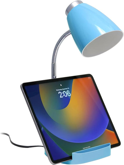 Simple Designs LD1067-BLU Compartmental Desk Lamp with iPhone/iPad/Tablet Stand, Bendable Gooseneck, for Office, Living Room, Nightstand, Library, Entryway, Blue - LeafyLoom