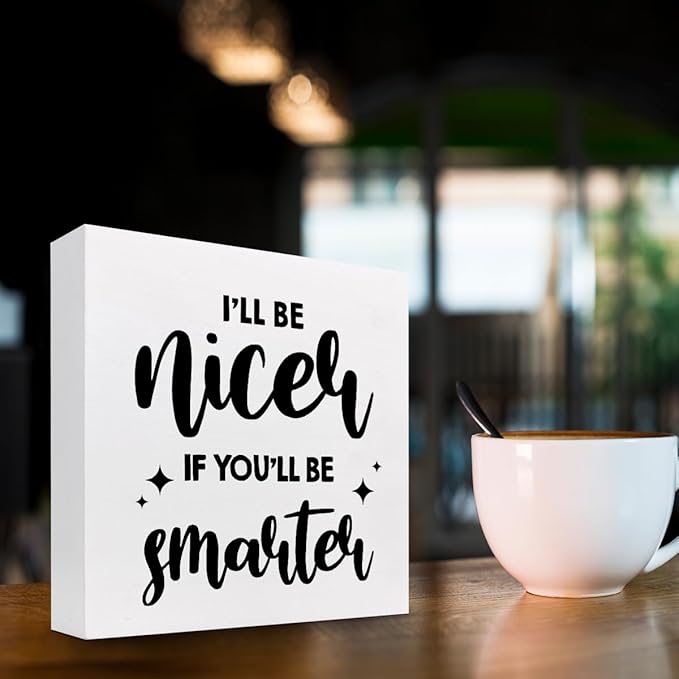 Funny Office Wood Sign,I'll Be Nicer If You'll Be Smarter Wood Block Box Sign Desk Decor,Humorous Plaque Sign for Office Home Shelf Desk Table Decor Decorations - LeafyLoom