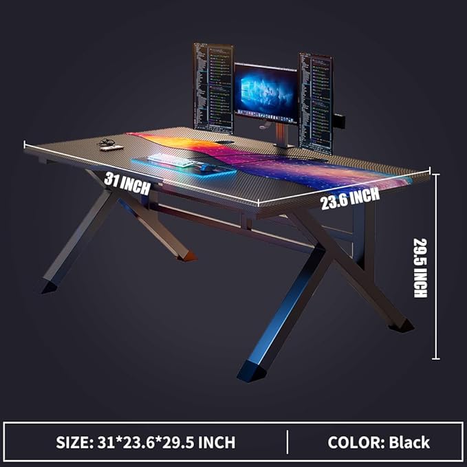 31 Inch Gaming Computer Desk - Sturdy Small Home Office Desk with Ergonomic Design - Easy Assembly - PC Laptop Desk with Black Carbon Fiber Desktop - LeafyLoom