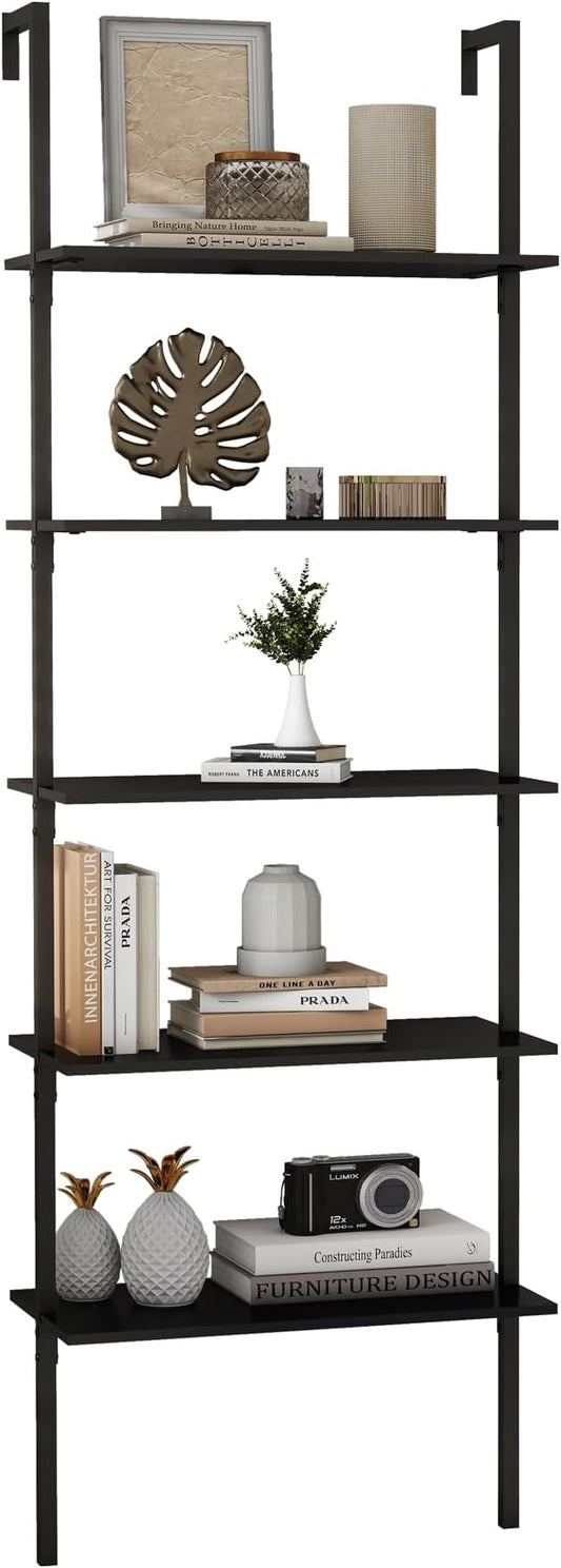 Panana Industrial 5 Tier Ladder Shelf, Open Space Book Shelf Wall Mount Bookshelf with Metal Frame Sturdy Bookcase for Living Room (Black, 5 Tier) - LeafyLoom