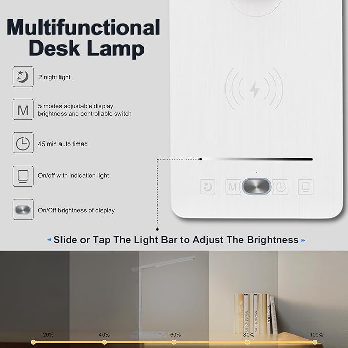 10 in 1 Smart Led Desk Lamp, Desk Table Lamp for Home Office, Eye-Caring Office Lamp with Night Lights, Lamp for Desk with 10W Wireless Charger, Dimmable Touch Lamp for Bedroom Reading Study Work - LeafyLoom