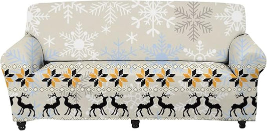 FKELYI Christmas Sofa Cover Slipcover Xmas Theme Reindeer Snowflake Printed Super Soft Stretch Sofa Couch Cushion Cover Durable Furniture Protector-XL FKELYI