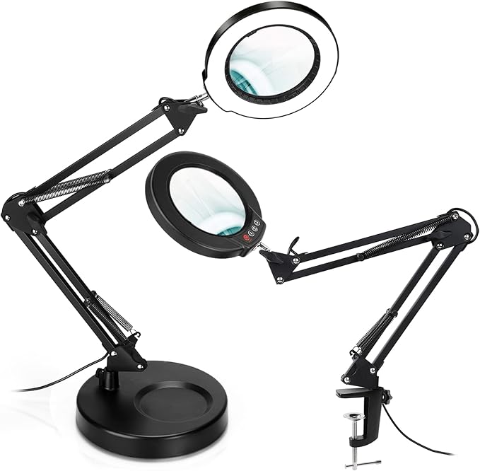 8X Magnifying Glass with Light and Stand, Upgrade Button 5 Color Modes Stepless Dimmable, 2-in-1 LED Lighted Magnifier Light, Hands Free Desk Lamp with Clamp for Craft Hobby Reading Close Work - LeafyLoom