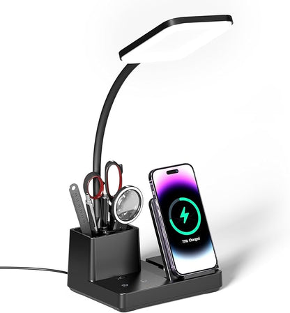 Desk Lamp with Wireless Charger USB Charging Port, Eye-Caring Desk Lamp for Home Office with Pen Holder, Dimmable Table Lamps 3 Color Modes - LeafyLoom