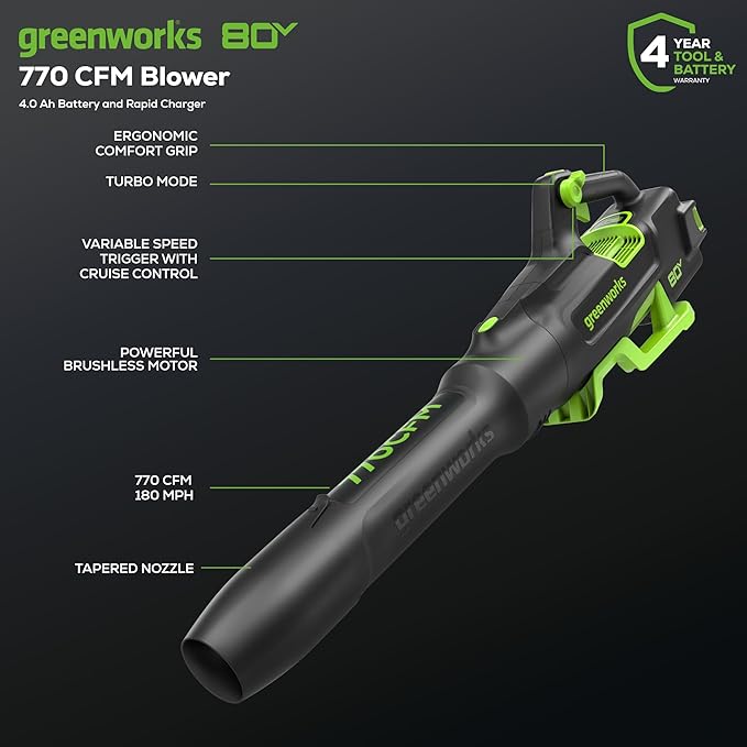 Greenworks 80V 770 CFM Cordless Leaf Blower, 4.0Ah Battery and Rapid Charger - LeafyLoom