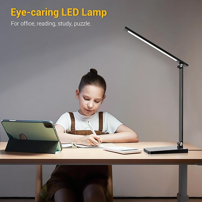 LED Desk Lamp for Home Office, 3 Levels Dimmable Desk Light with USB Charging Port, Small Study Lamp, Reading Light for Table, Black, 5000K - LeafyLoom