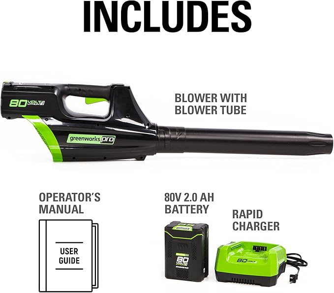 Greenworks 80V (125 MPH / 500 CFM / 75+ Compatible Tools) Cordless Axial Leaf Blower, 2.0Ah Battery and Charger Included - LeafyLoom