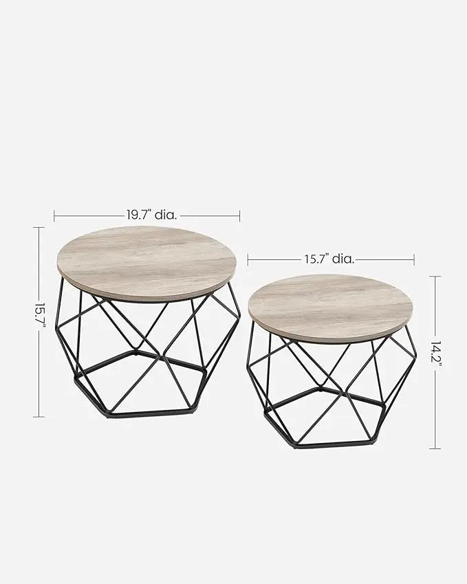 VASAGLE Small Coffee Table Set of 2, Round Coffee Table with Steel Frame, Side End Table for Living Room, Bedroom, Office, Greige and Ink Black - LeafyLoom