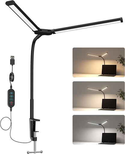 Desk Lamp, Double Head Led Desk Lamp, 15W Ultra Bright Architect Task Desk Light, Eye Caring Desk light, Desk Lamp for Home/Office/Study/Drafting/Reading/Dorm(Black) - LeafyLoom