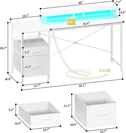 Yoobure Computer Desk, Office Desk with LED Lights & Power Outlets, Gaming Desk with Fabric File Cabinet, 55.1" Home Office Desks， Writing Desk with Drawers, Computer Table with Long Monitor Stand - LeafyLoom