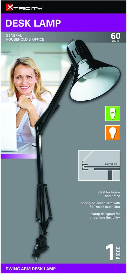 Xtricity Architect 30" Swing Arm Black Metal Desk Lamp,Plug in Clamp Light with Screw in Base, LED Bulb Included, Black Finish Gooseneck Clamp On Lamp - LeafyLoom