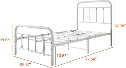 Vintage Twin Size Bed Frame with Headboard and Footboard Mattress Heavy Duty Metal Platform Bed Frame Steel Slat Support (Twin, White) - LeafyLoom