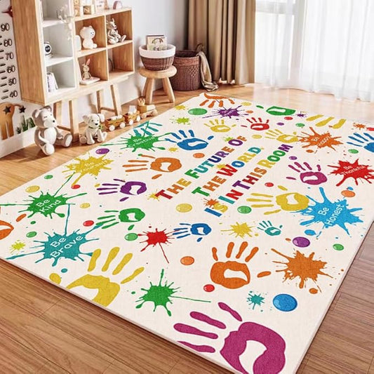 Colorful Kids Rug, Washable Rug for Kids, Handprints Area Rugs for Kids Bedroom, Non-Slip Play Mat Ultra Soft Thick Indoor Plush Rugs for Playroom Classroom Nursery Decor (9'2" X 6'7") - LeafyLoom