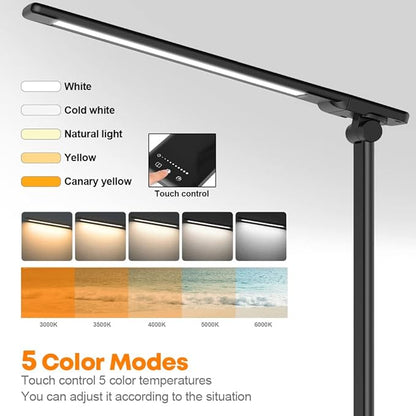 Desk Lamp Eye-Caring LED Table Lamp Dimmable Bedside Lamp with 2 USB Charging Ports and 10 Brightness Levels x 5 Colour Modes Touch Control Daylight Lamp for Office, Bedside, Reading- Auto Timer - LeafyLoom