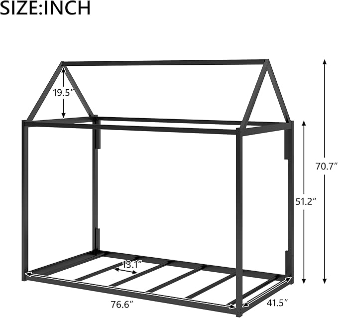 Metal Twin Size Montessori Floor Bed for Kids,Floor Bed Twin,House Bed with Slats for Boys Girls,Metal House Shape Platform Bed,No Spring Box Required,Black - LeafyLoom