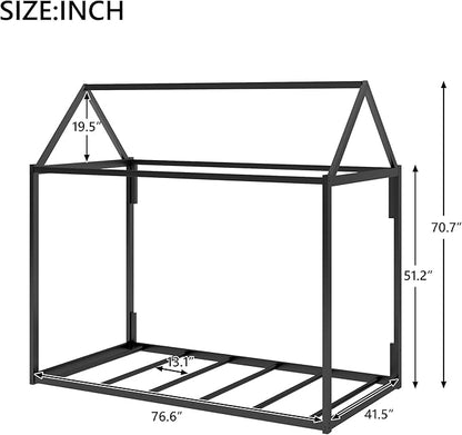 Metal Twin Size Montessori Floor Bed for Kids,Floor Bed Twin,House Bed with Slats for Boys Girls,Metal House Shape Platform Bed,No Spring Box Required,Black - LeafyLoom