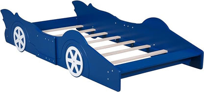 Car Shaped Toddler Bed with Wheels,Racecar Platform Beds W/Safety Guardrail,Slats Support,Stylish Design,Easy Assembly,Wood Twin Bedframe for Boys Toddlers Kids Teens Bedroom,Blue - LeafyLoom