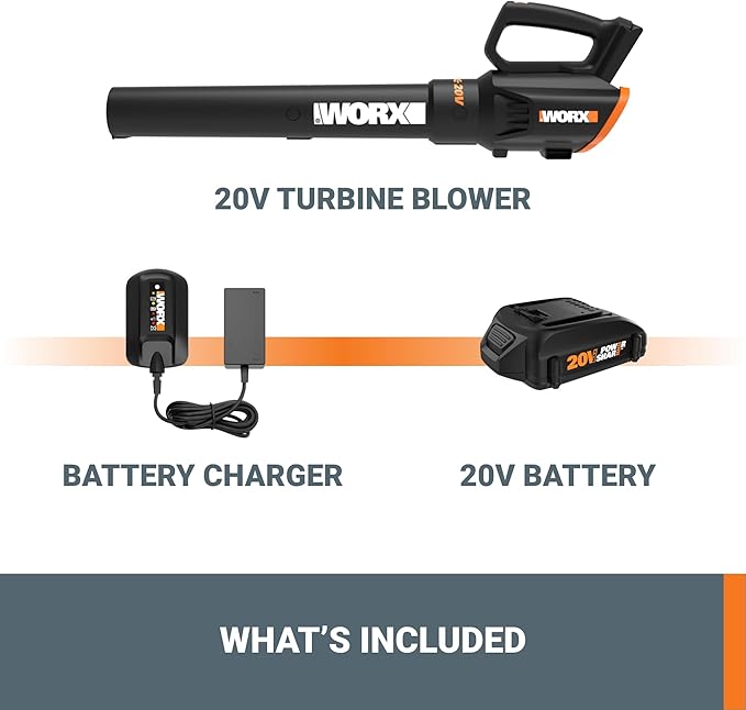 Worx 20V Cordless Leaf Blower WG547, Electric Blower, Powerful Turbine Fan Technology, 2-Speed Control, for One-Hand Operation, PowerShare – 1pc 2.0 Ah Battery and 1pc 0.4 A Charger Included - LeafyLoom