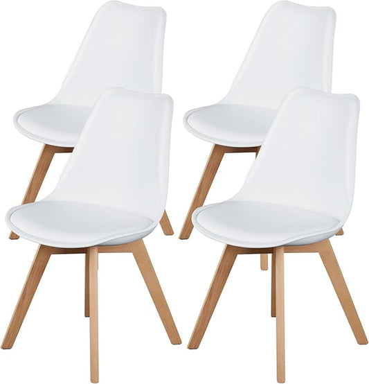 Sweetrcrispy Dining Chairs Set of 4, Kitchen Room PU Leather Mid Century Modern Chairs, Upholstered Dining Desk Chairs with Wood Legs for Home Office, White - LeafyLoom