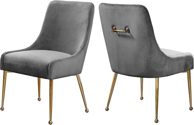 Meridian Furniture Owen Collection Modern | Contemporary Velvet Upholstered Dining Chair with Polished Gold Metal Legs, Set of 2, 24" W x 21" D x 34.5" H, Grey - LeafyLoom