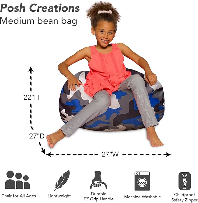 Posh Creations Bean Bag Chair for Kids, Teens, and Adults Includes Removable and Machine Washable Cover, Soft Nylon - Camo Blue and Brown, 27in - Medium - LeafyLoom