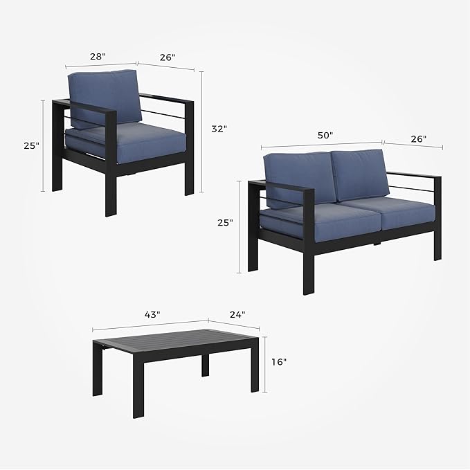 Solaste Outdoor Aluminum Furniture Set - 4 Pieces Patio Sectional Chat Sofa Conversation Set with Table,Black Frame and Blue Cushion - LeafyLoom