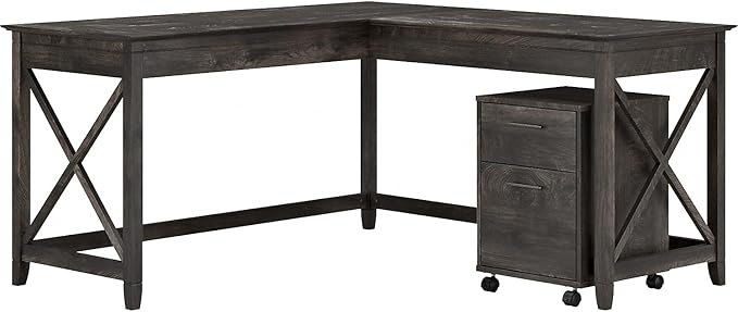 Bush Furniture Key West 60W L Shaped Desk with 2 Drawer Mobile File Cabinet in Dark Gray Hickory - LeafyLoom