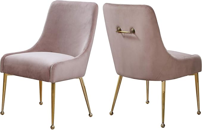 Meridian Furniture Owen Collection Modern | Contemporary Velvet Upholstered Dining Chair with Polished Gold Metal Legs, Set of 2, 24" W x 21" D x 34.5" H, Pink - LeafyLoom