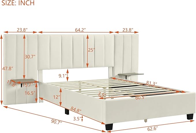 Queen Upholstered Platform Bed Frame with Extended Headboard and and Two Shelves, Velvet Bed, No Box Spring Needed, Beige - LeafyLoom