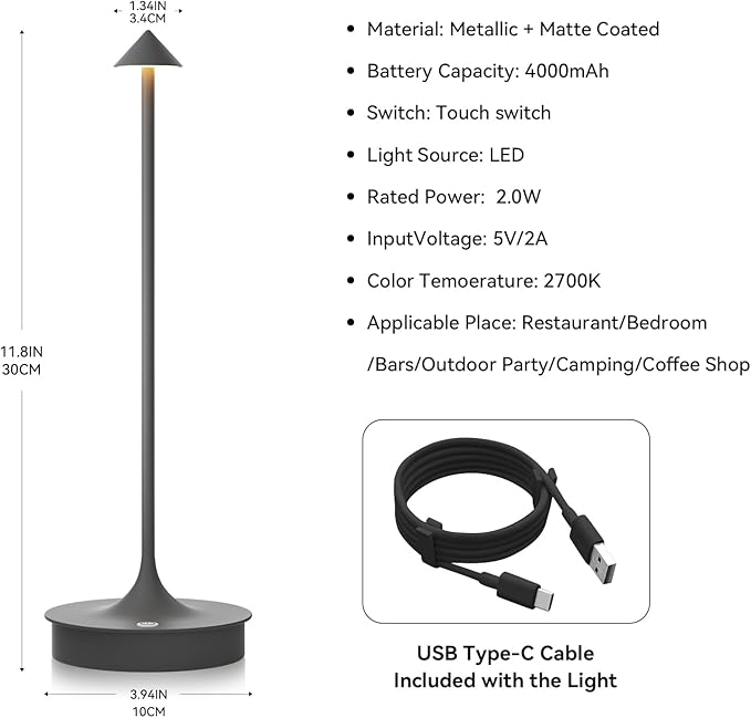 Cordless Table Lamp Rechargeable, Battery Operated Desk Lamp, 4000mAh LED Touch Lamp, Dimmable Portable Outdoor Waterproof Wireless Table Light for Restaurants/Bars/Outdoor(1PC, Gray) - LeafyLoom