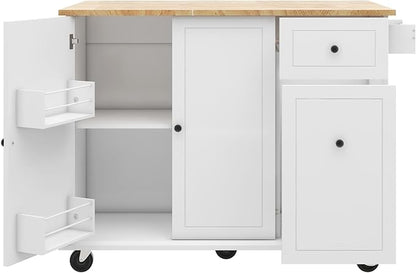 Kitchen Island with Drop Leaf,53.9" W Rolling Mobile Kitchen Cart W/Storage Rack,3 Tier Pull Out Cabinet Organizer,Spice-Rack&Towel-Rack,for Dining Room,Home Bar,White - LeafyLoom