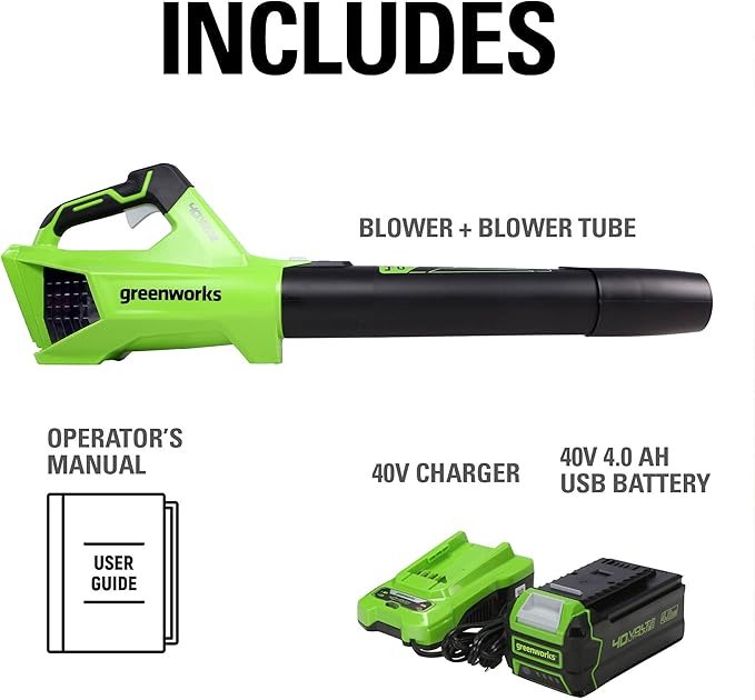 Greenworks 40V (120 MPH / 450 CFM) Axial Blower, 4.0Ah USB Battery (USB Hub) and Charger Included - LeafyLoom