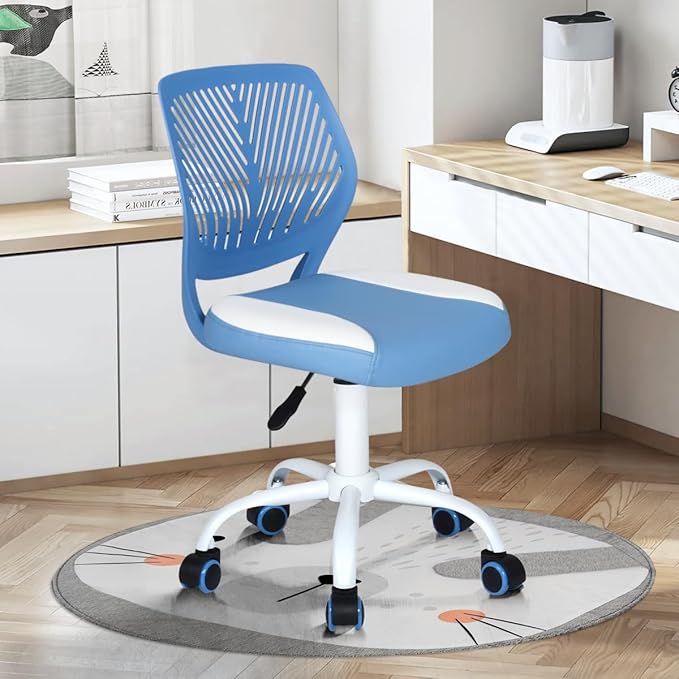 FurnitureR Desk Chair Small Study Chairs Armless for Child Kids Teens, Swivel Rolling Lightweight Task Chair with Wheels and Pu Leather Padded Cushion, Blue/White - LeafyLoom