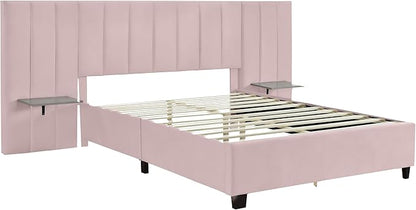 Queen Upholstered Platform Bed Frame with Extended Headboard and and Two Shelves, Velvet Bed, No Box Spring Needed, Pink - LeafyLoom