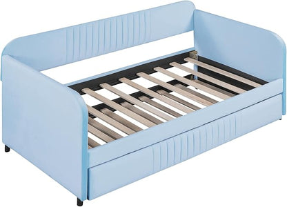 Upholstered Twin Size Daybed with Trundle, Backrest and Armrests, Modern Velvet Day Bed Frame for Bedroom Guestroom Living Room, Wood Slats Support, Light Blue - LeafyLoom