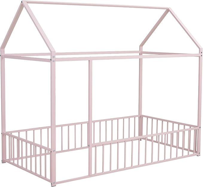 RITSU Twin Size Montessori Floor Bed, Metal House Bedframe with Fence, Robust Construction is Used, for Children'S Rooms, Boys Girls, No Box Spring Needed, Easy Assembly, Pink - LeafyLoom