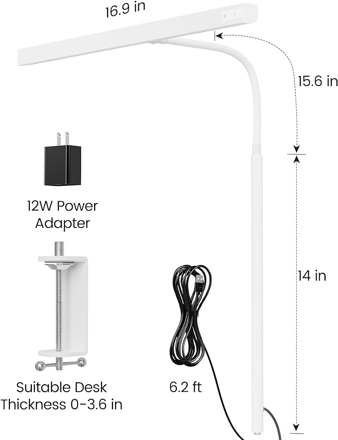 SUPERDANNY LED Desk Lamp for Home Office, Eye-Caring Desk Light with Adjustable Gooseneck, 12W Touch Control Dimmable Brightness, Architect Clamp Lamp with USB Adapter, White - LeafyLoom