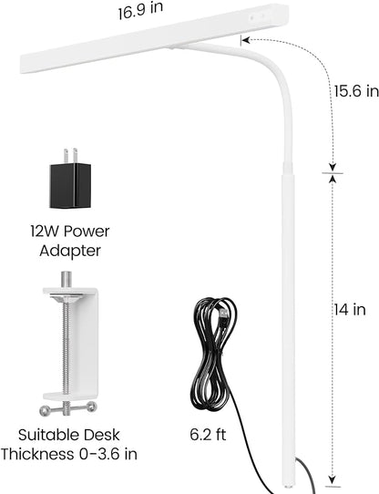 SUPERDANNY LED Desk Lamp for Home Office, Eye-Caring Desk Light with Adjustable Gooseneck, 12W Touch Control Dimmable Brightness, Architect Clamp Lamp with USB Adapter, White - LeafyLoom