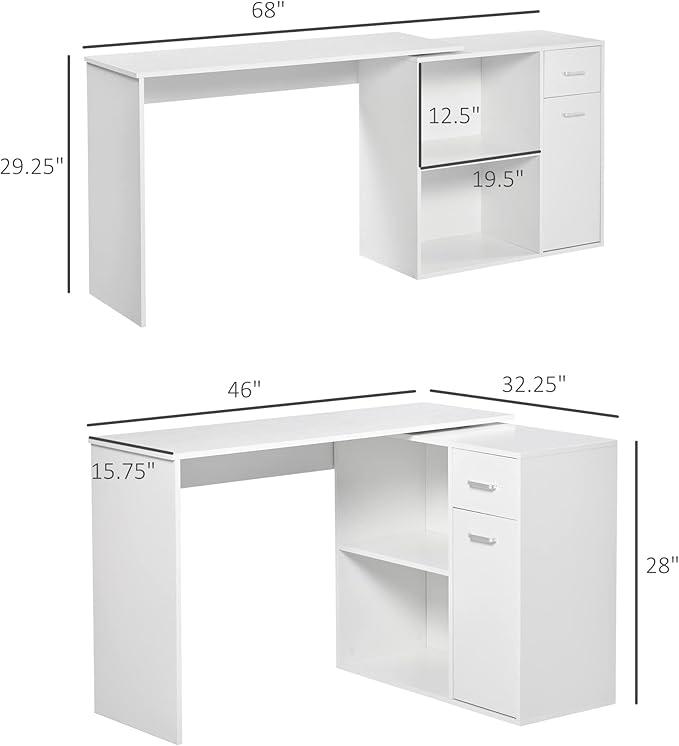 HOMCOM L Shaped Computer Desk, 180° Rotating Corner Desk with Storage Shelves, Drawer and Cabinet, Study Workstation for Home Office, White - LeafyLoom