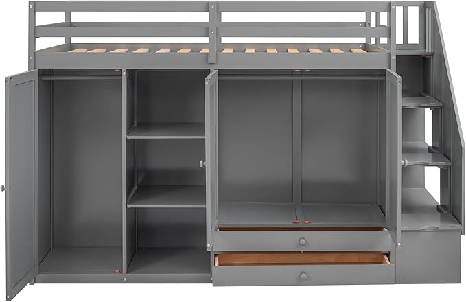 Twin Size Wood Loft Bed, Wooden Loft Bed Frame with 3 Shelves, 2 Wardrobes, 2 Drawers and Storage Staircases for Kids, Teens, Adults, No Box Spring Needed, Gray - LeafyLoom