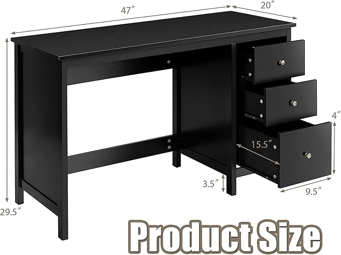 3-Drawer Computer Desk, Black - LeafyLoom