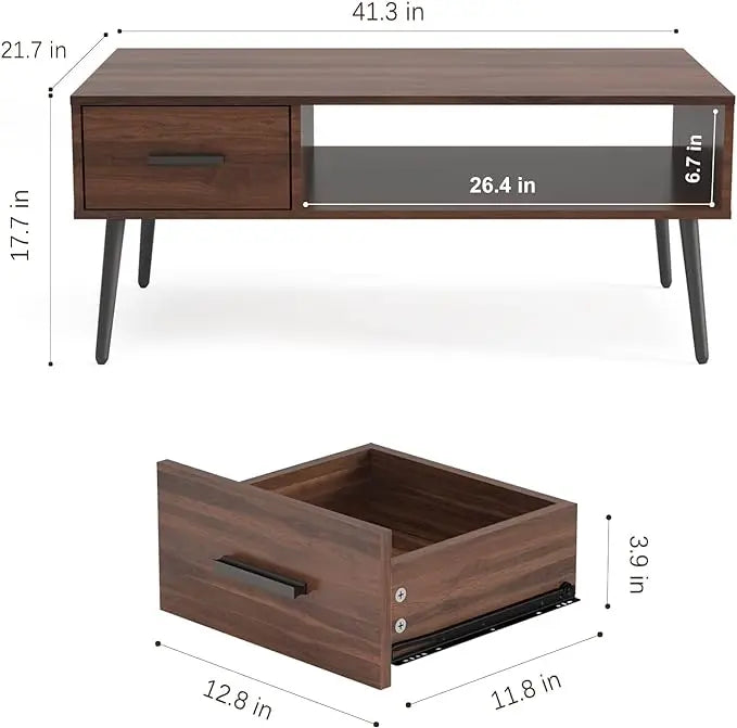 HAIOOU Coffee Table, Mid Century Modern Style Cocktail Table TV Stand with Drawer, Open Storage Shelf, Stable Floor-Anti-Scratching Pine Leg for Home, Office, Living Room - Walnut - LeafyLoom