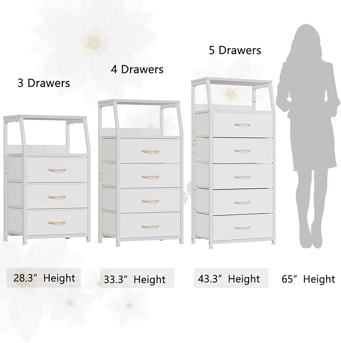 Furnulem White Dresser with 5 Drawers, Vertical Storage Tower Fabric Dresser for Bedroom, Hallway, Entryway, Nursery, Closet Organizer, Nightstand Bedside Table Furniture, Sturdy Steel Frame, Wood Top - LeafyLoom