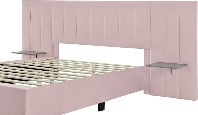 Queen Upholstered Platform Bed Frame with Extended Headboard and and Two Shelves, Velvet Bed, No Box Spring Needed, Pink - LeafyLoom