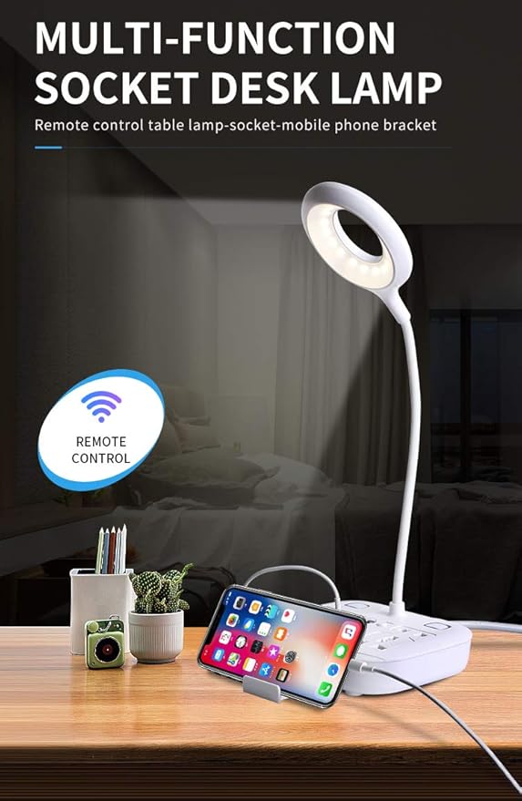 LED Desk Lamp, Adjustable Table Lamp Light with Remote Control, Eye-Caring Dimmable Office Lamp with 2 USB Charging Ports, 4 AC Power Outlets, Phone Stand, Multi Brightness Levels White - LeafyLoom